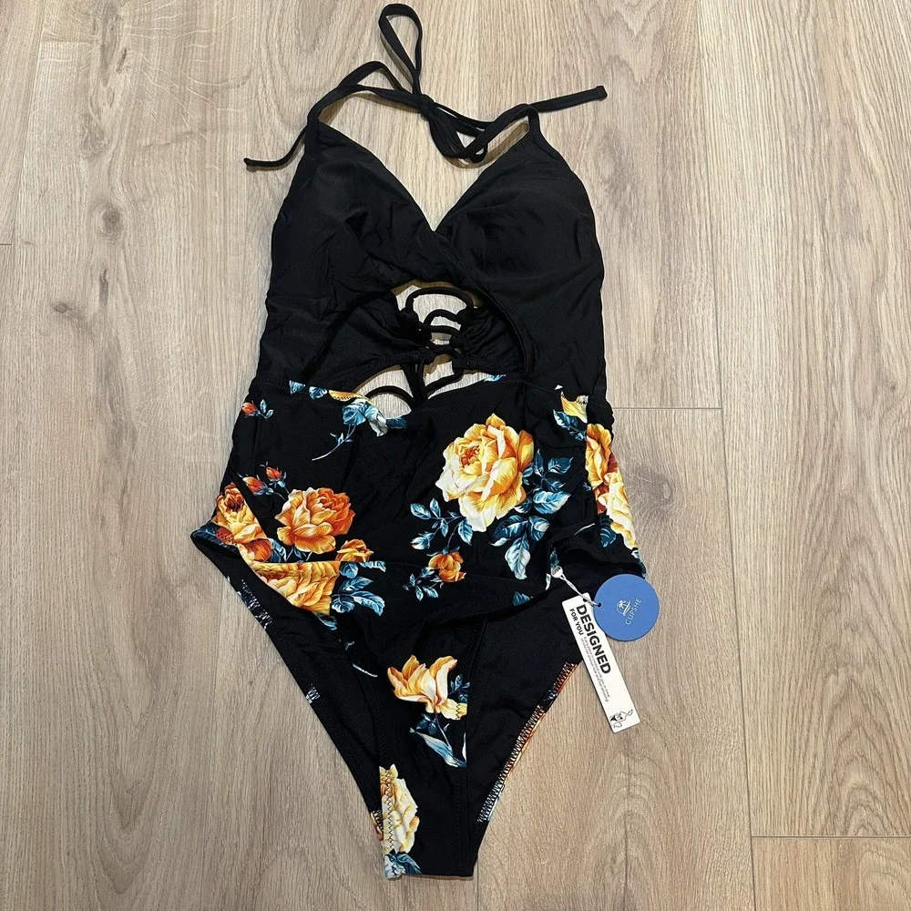 NWT Cupshe Women's Sz M One Peice Bathing Suit‎ Black Floral. Cut Out. Boho